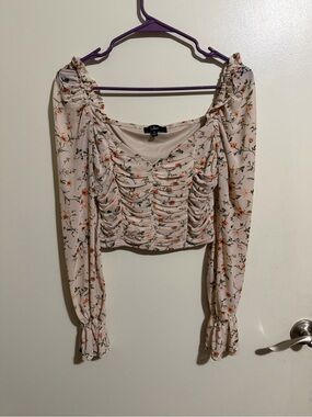 Lulu's Blush Floral Ruched Long-Sleeve Crop Top